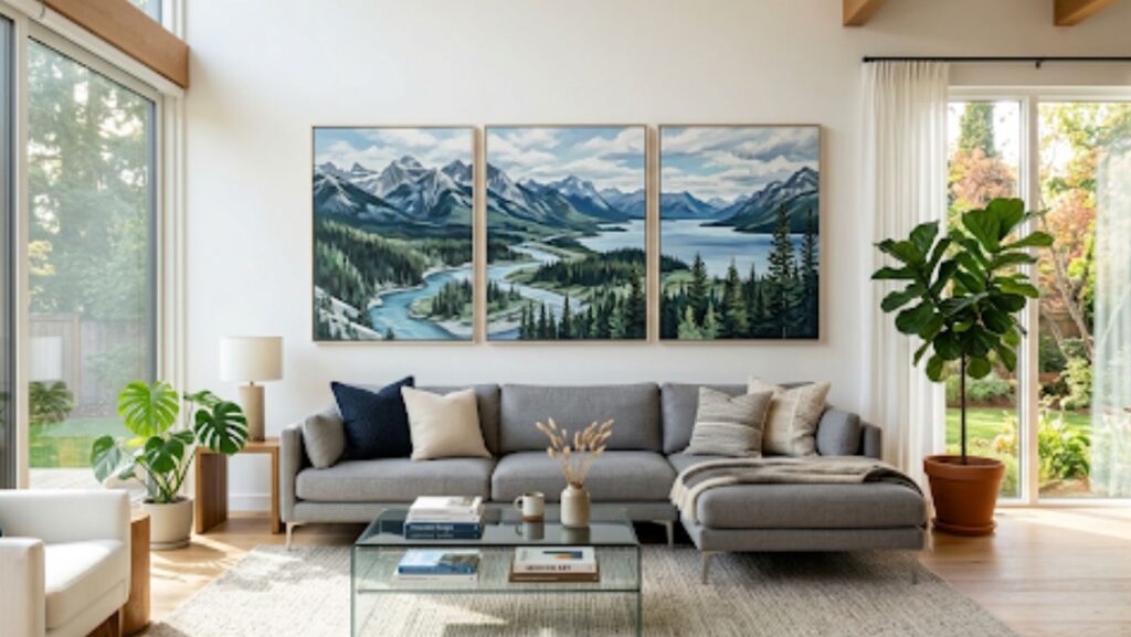 A bright contemporary living room with a large three-panel landscape painting hung above a grey sofa, showing proper proportions and panel spacing