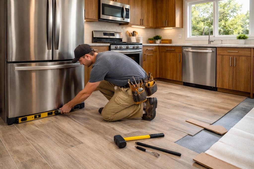 Technician leveling a refrigerator on newly installed kitchen flooring during a renovation