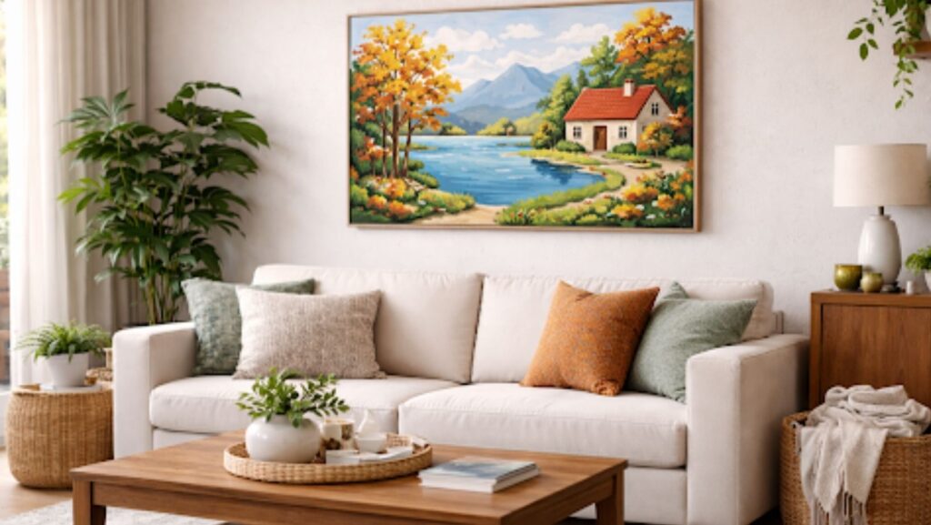 Modern living room with a simple paint-by-numbers landscape painting above a neutral sofa, viewed from a side angle