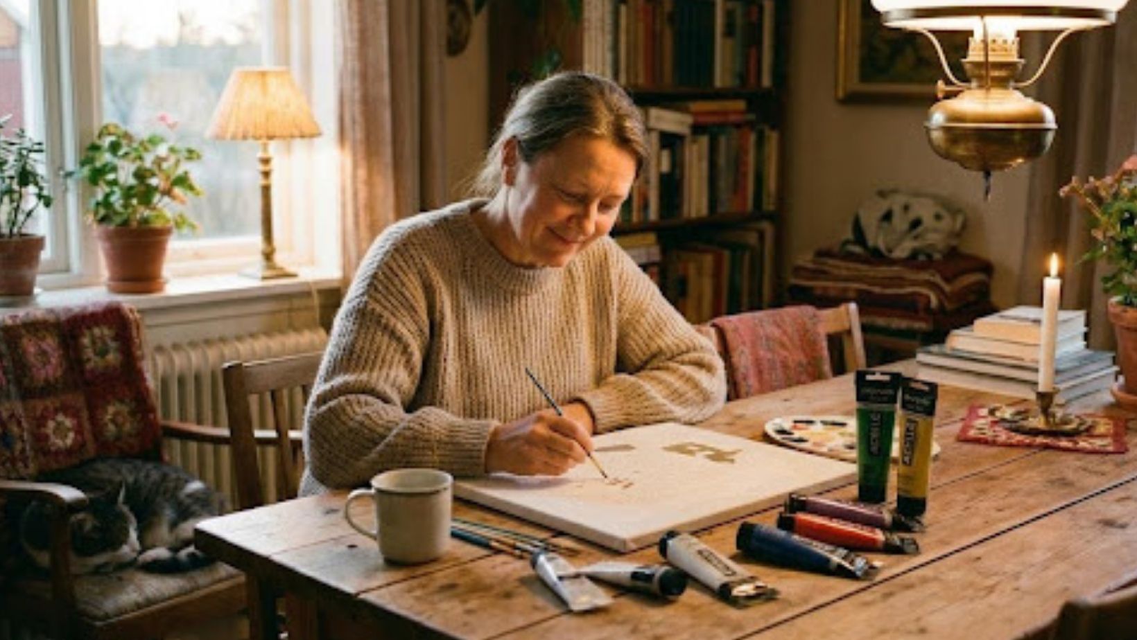 A hobbyist painting in a calm home setting during a quiet evening session