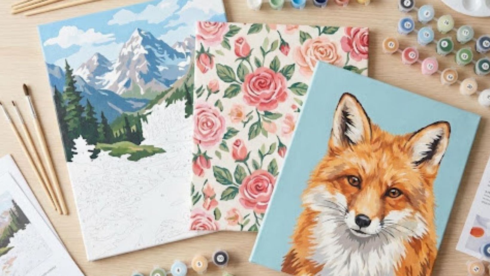 A selection of paint-by-numbers canvas themes including nature scenes, abstract art, and floral designs